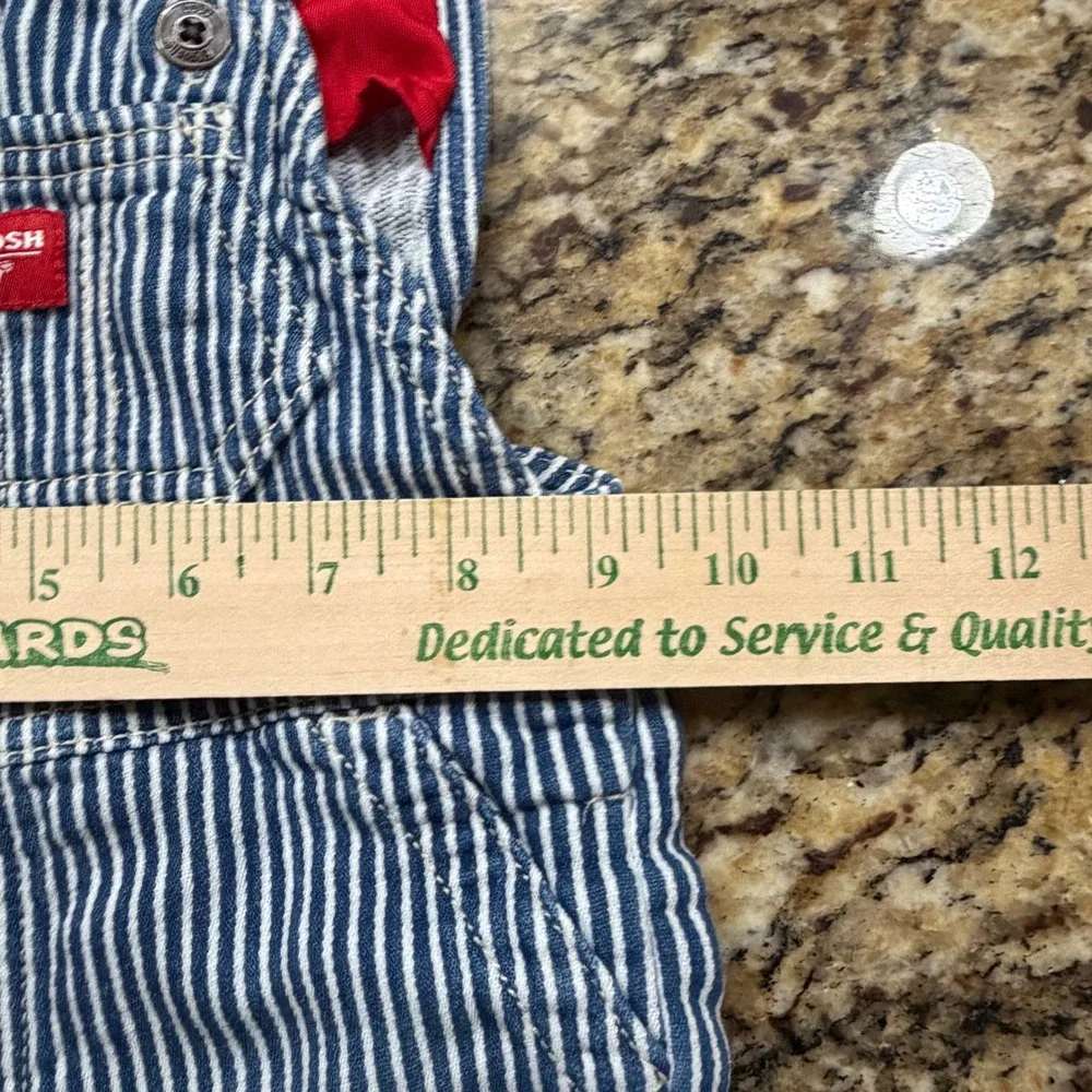 OshKosh Bgosh Baby Boys Blue White Hickory Stripe Red Lined Overalls 6M v